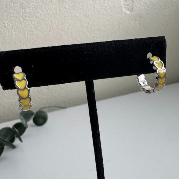 Sterling Silver 925 Hoop Earrings with Yellow Enamel Hearts – Colorful Jewelry - Picture 3 of 9